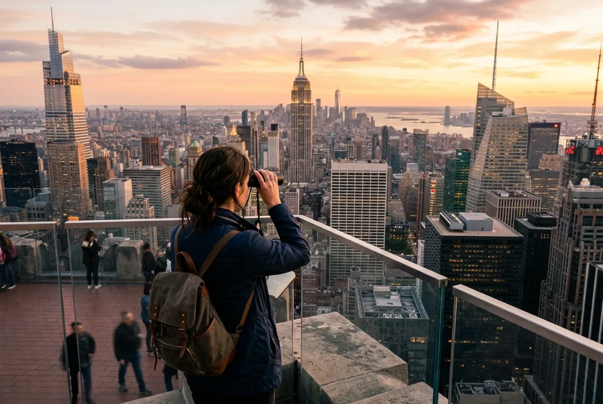 viajero comparando folletos de varios miradores de Nueva York sobre una mesa, perfil de Manhattan visible a través de la ventana, luz de día