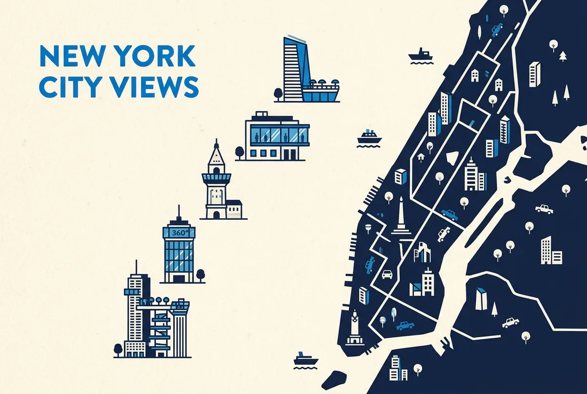 infographic comparing New York ticket and pass options for the question Los Mejores Miradores de Nueva York Comparados, entradas miradores nueva york