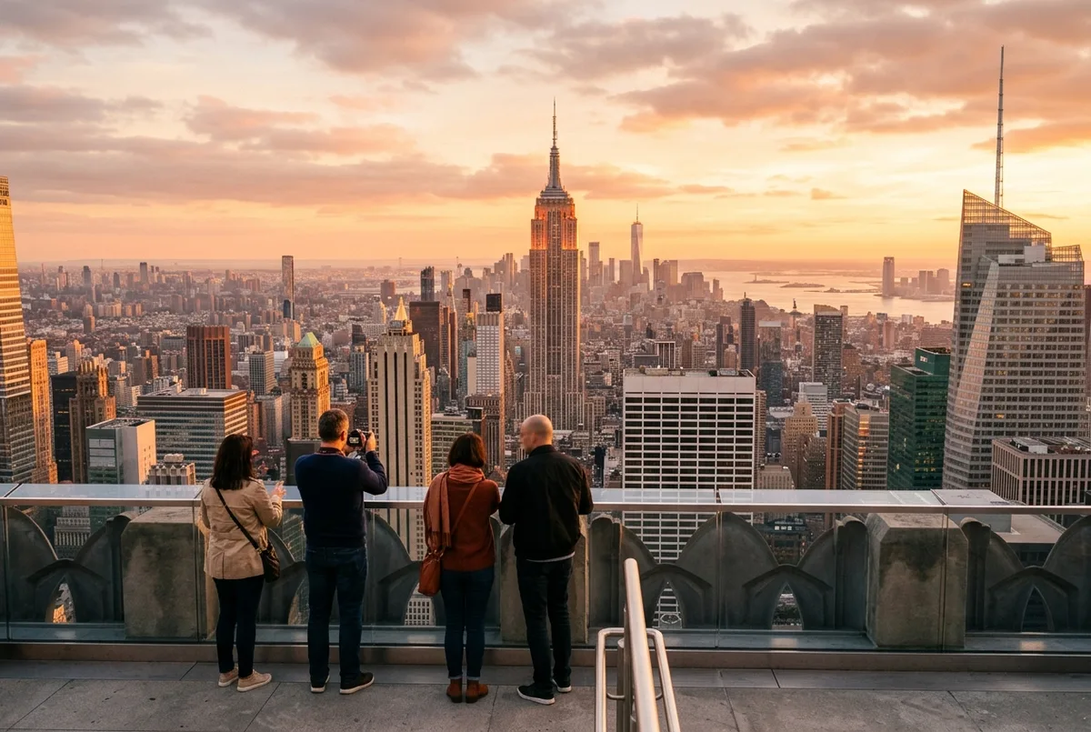 golden hour light over the manhattan skyline seen from the top of the rock observation deck with a small group of visitors at the railing