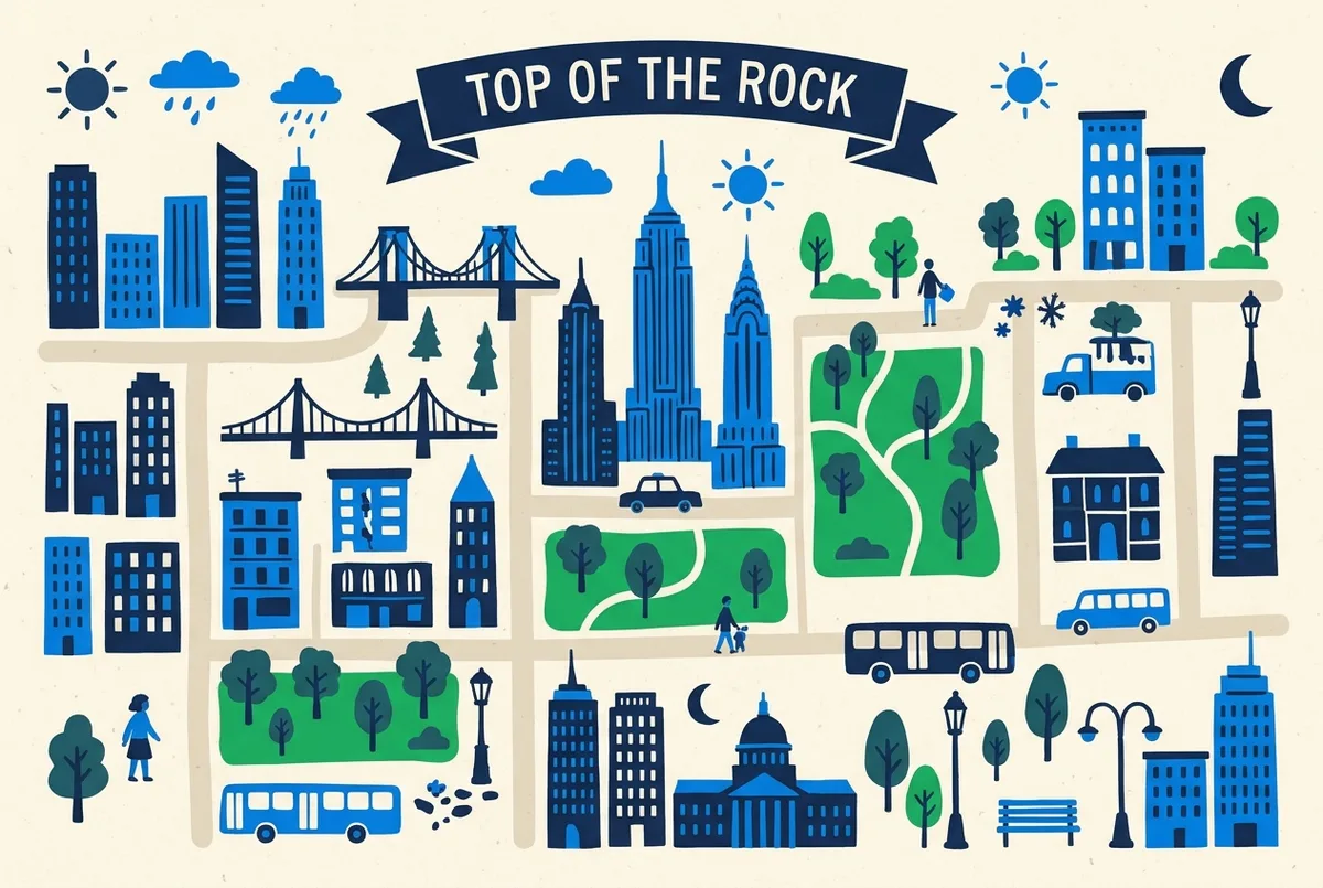 illustrated map of New York highlights for Best Time to Visit Top of the Rock: Day, Season and Slot, best time to visit top of the rock