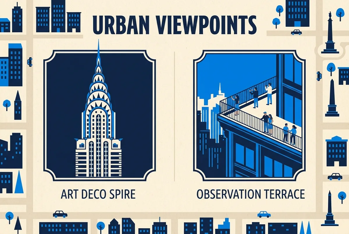 Simple side by side icon graphic comparing a classic art deco spire silhouette against an open air observation terrace, generic labels only, no statistics