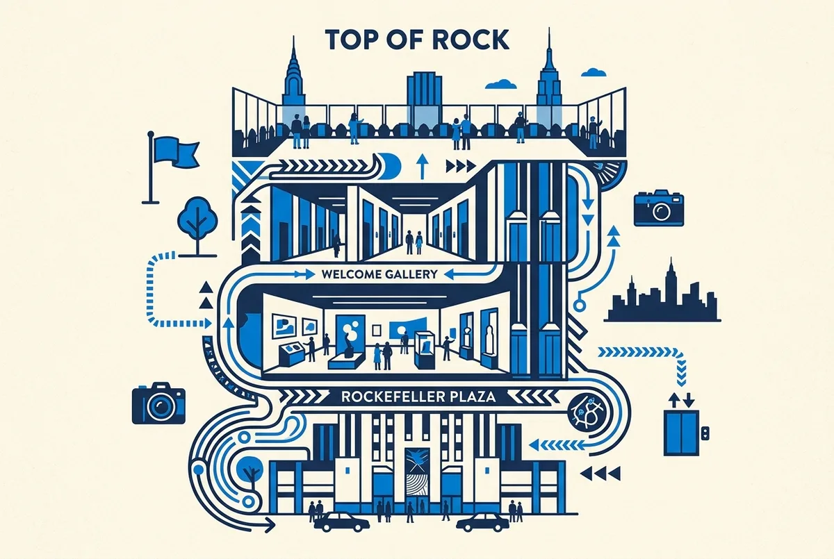 Map graphic showing the route from the Top of the Rock entrance at 30 Rockefeller Plaza up through the Welcome Gallery to the observation floors
