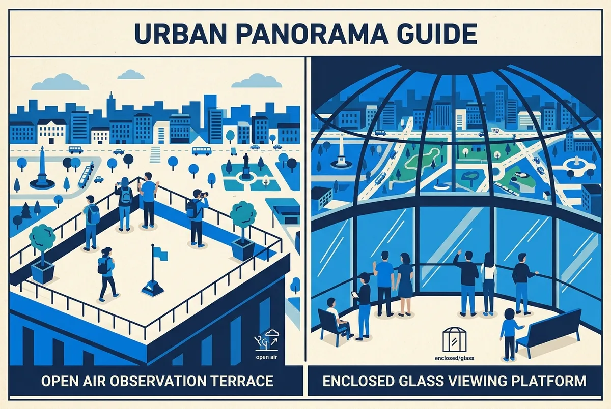 Split frame graphic comparing an open air observation terrace against an enclosed glass viewing platform, generic icons, no text statistics