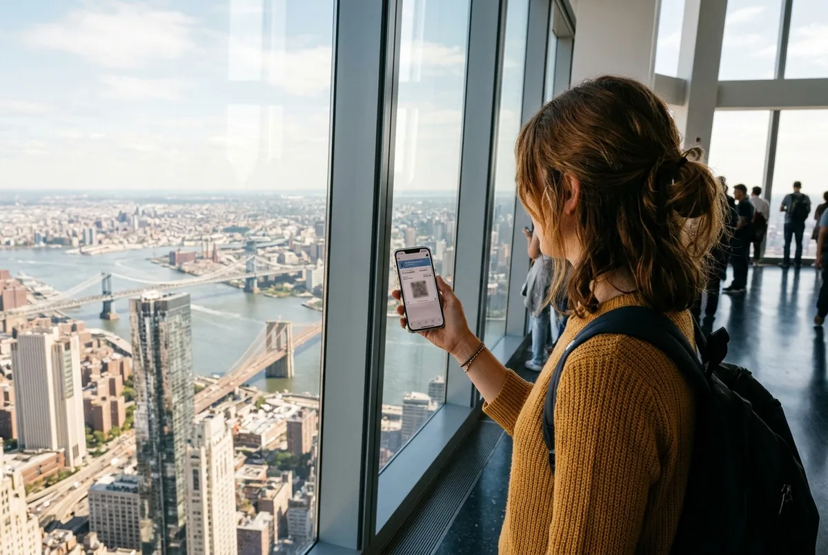 traveler holding a phone ticket inside one world observatory's glass walled sky pod elevator overlooking lower manhattan and the hudson river at golden hour