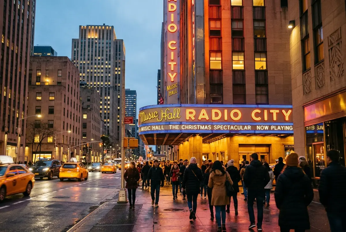 art deco marquee and facade of radio city music hall near rockefeller center at dusk, illuminated sign, pedestrians on the sidewalk