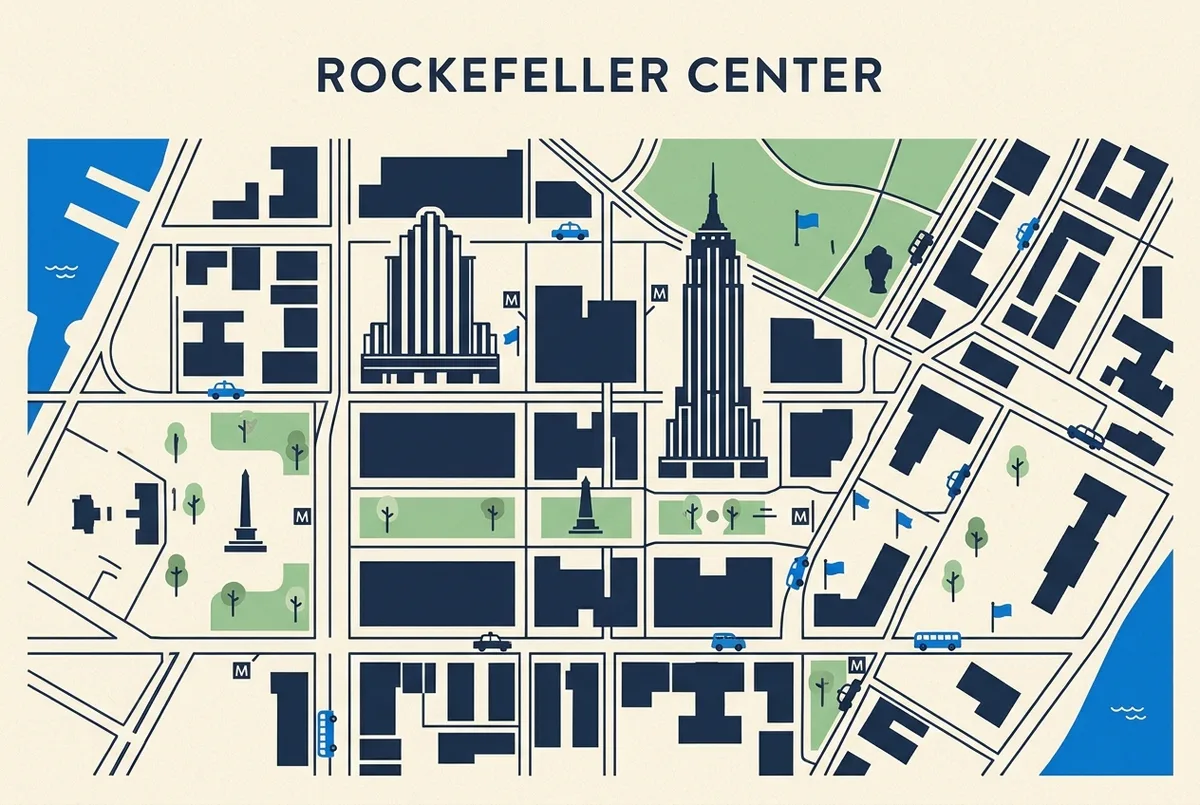 Simple map style illustration showing radio city music hall and the top of the rock entrance as two separate generic building icons a short walk apart within rockefeller center, no text statistics