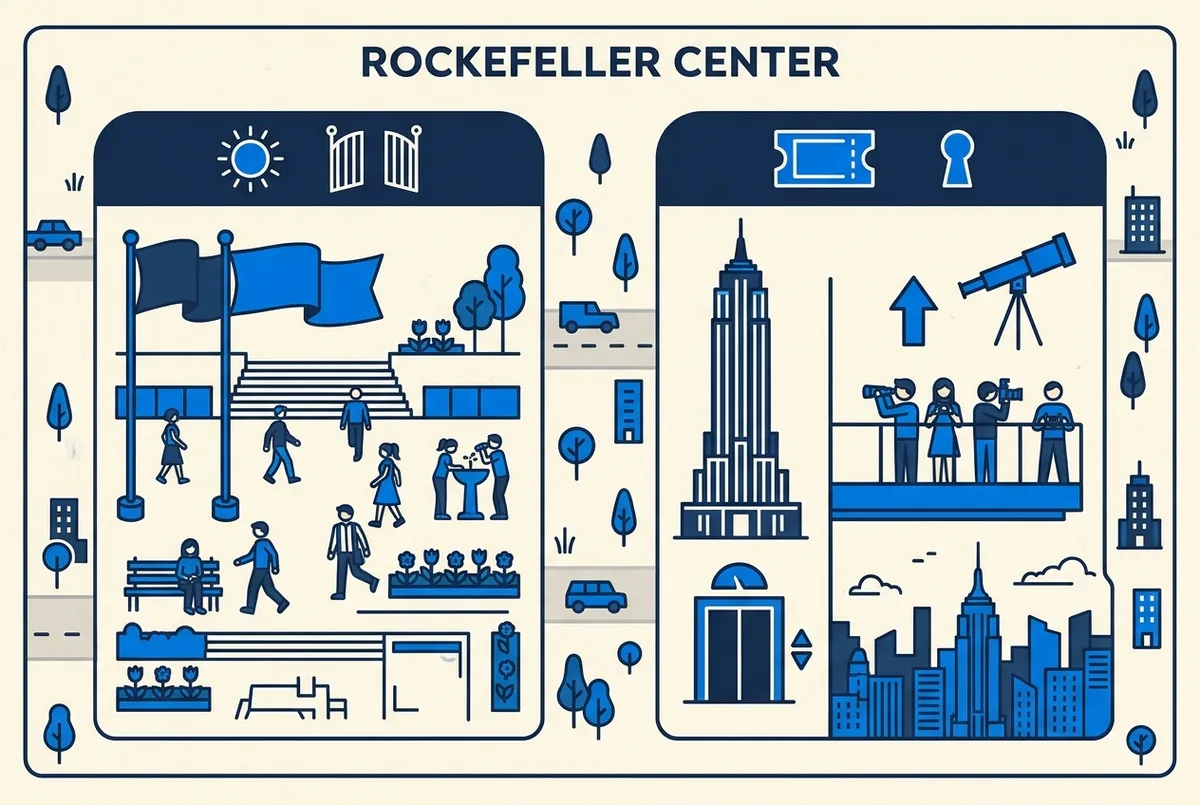 Simple infographic comparing a free ground-level plaza icon against a ticketed observation deck icon at rockefeller center, generic labels only, no prices or statistics shown
