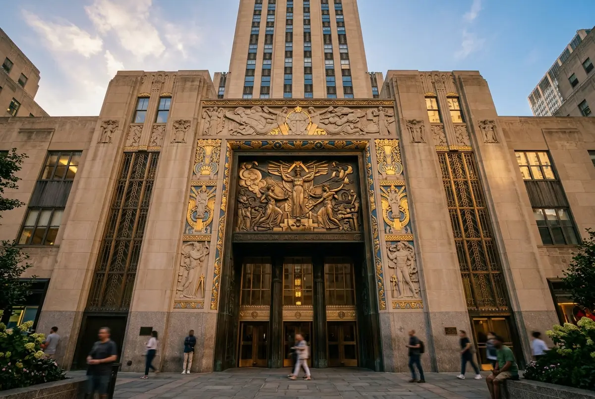 low angle view of the art deco facade and relief carvings above the entrance at rockefeller center, golden hour light, architectural detail
