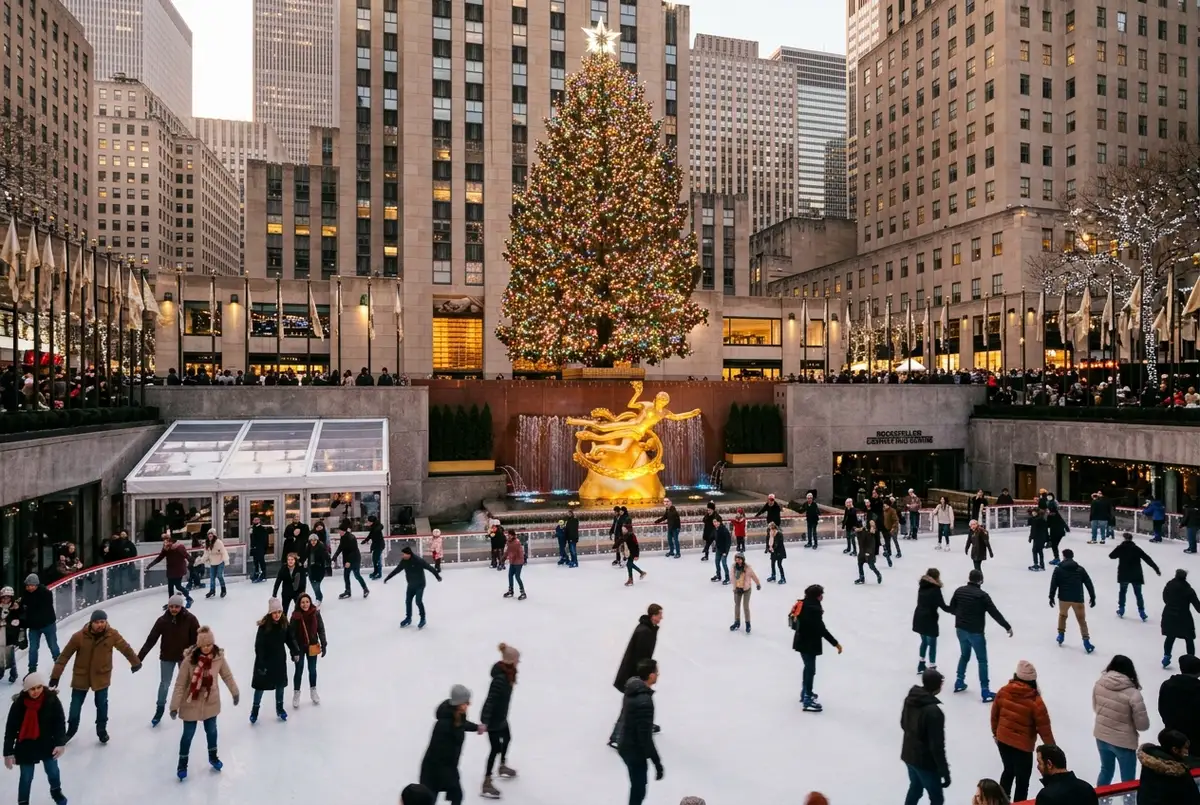 skaters on the small famous sunken ice rink at rockefeller center plaza with the golden prometheus statue and christmas tree nearby, winter afternoon light