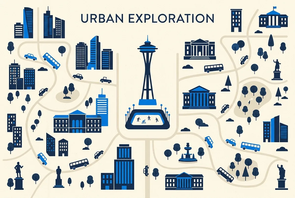 Simple infographic showing a small sunken ice rink plaza icon positioned directly below a tall observation deck tower icon, generic illustration style, no text statistics
