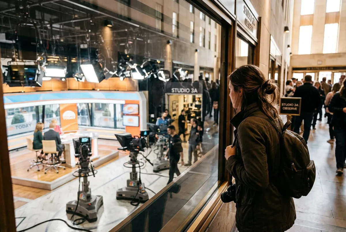 visitor peering through a glass studio window at a television broadcast set inside 30 rockefeller plaza, nbc studios atmosphere, daytime
