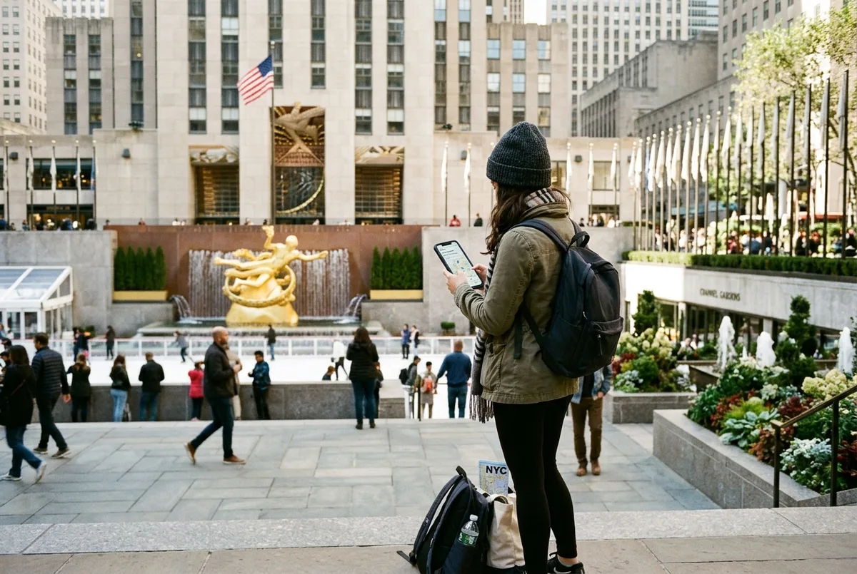 traveler checking a phone itinerary at rockefeller center plaza with the prometheus statue and channel gardens in the background, midday light, planning a day visit