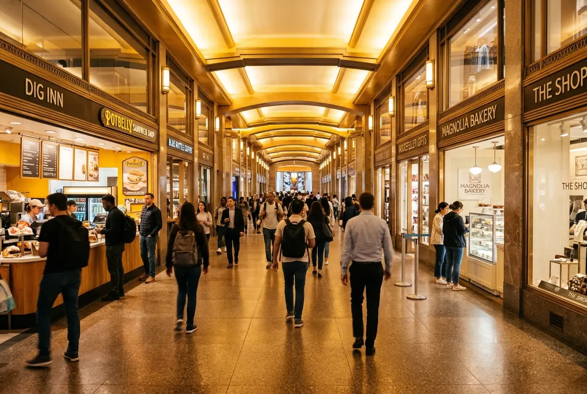 visitors walking through the underground concourse at rockefeller center lined with shop windows and quick-service food counters, bright daytime lighting
