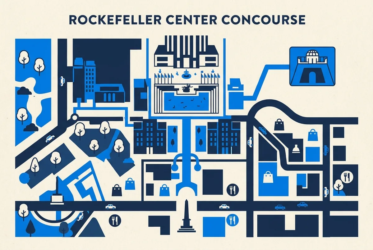 Simple map style illustration showing the rockefeller center concourse layout connecting the plaza, the shops and the top of the rock entrance with generic icons, no text statistics