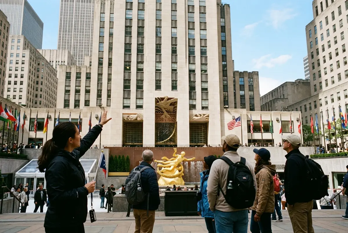 small guided walking tour group looking up at the art deco facade and prometheus statue at rockefeller center plaza, midday, guide gesturing toward the building