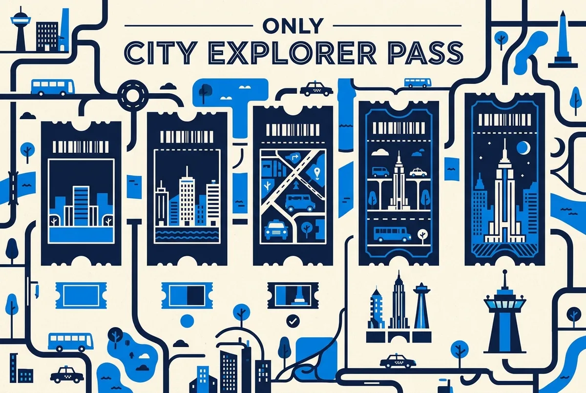 Simple infographic comparing five generic ticket icons by price tier and whether each includes an observation deck icon, rockefeller center style, no real prices or statistics shown
