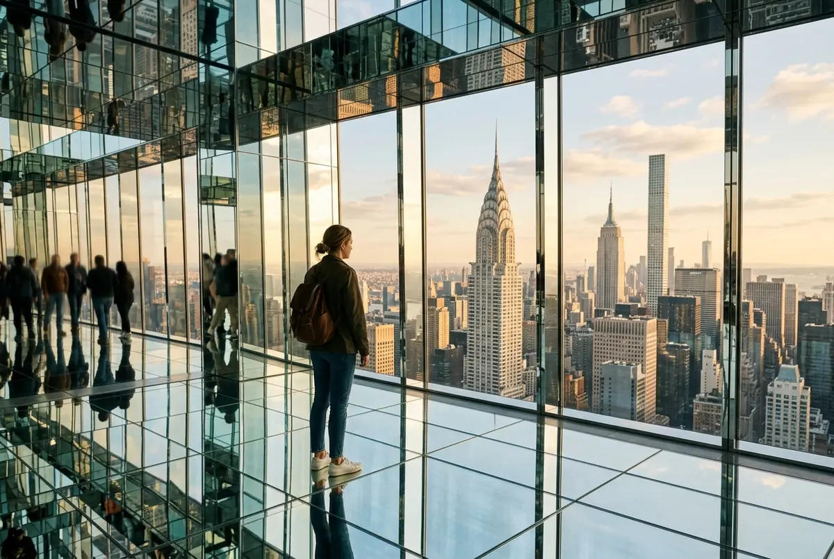 visitor standing among mirrored art installations with reflective ceiling at summit one vanderbilt overlooking the midtown manhattan skyline