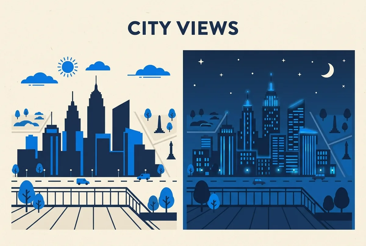 Simple infographic comparing a daytime and nighttime skyline silhouette from the top of the rock observation deck, generic building shapes only
