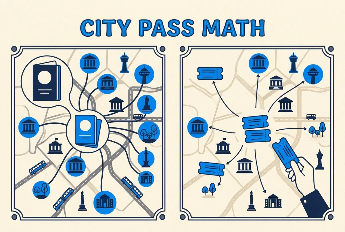 Comparison infographic labeled Pass Bundle and Direct Ticket showing how the top of the rock city pass math works against buying admission on its own