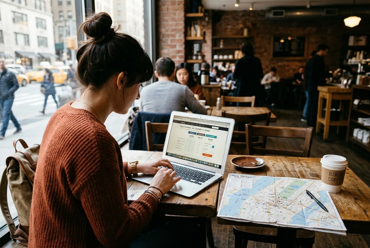 traveler comparing top of the rock ticket discount options on a laptop at a coffee shop table, map of New York visible nearby, daytime
