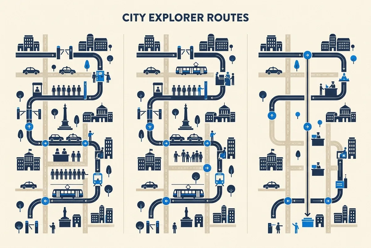 Side by side comparison infographic labeled Standard Line, Fifth Avenue Tour and VIP Priority Access showing the steps each top of the rock express pass route skips