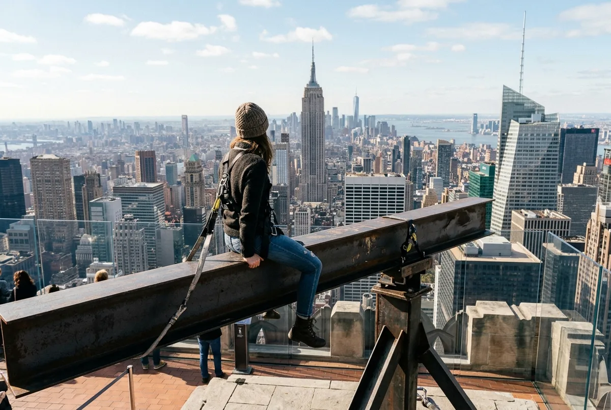 visitor sitting on a rotating steel beam photo installation at the top of the rock observation deck recreating a classic 1930s skyscraper photo, daytime