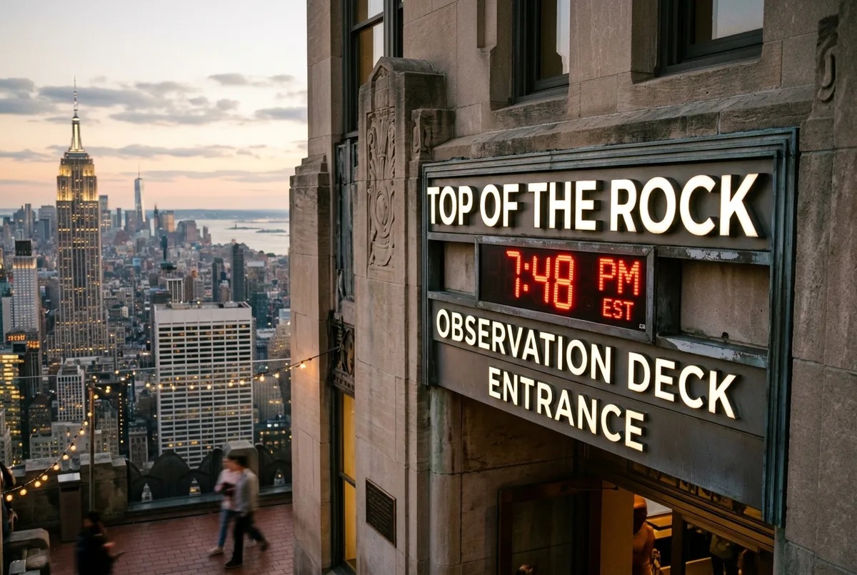 Turisti in coda davanti all'ingresso del top of the rock orari al mattino presto con il tappeto rosso sulla 50th Street