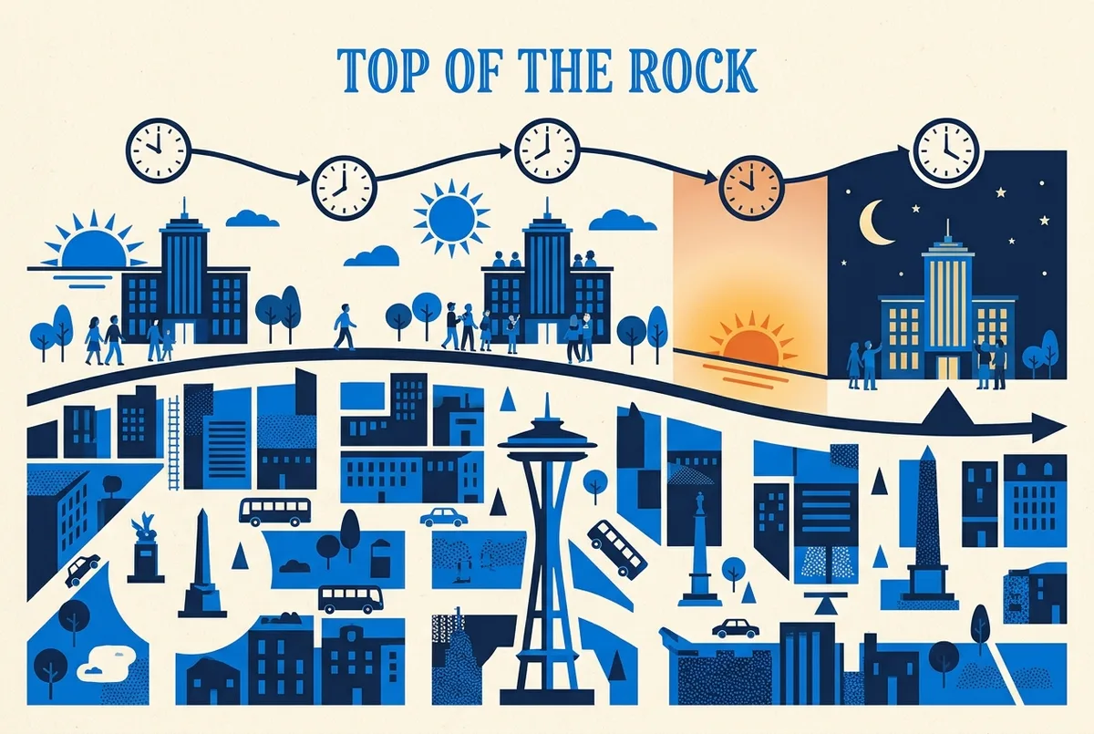 Infografica degli orari di apertura della terrazza top of the rock con icone sole al mattino e luna di sera