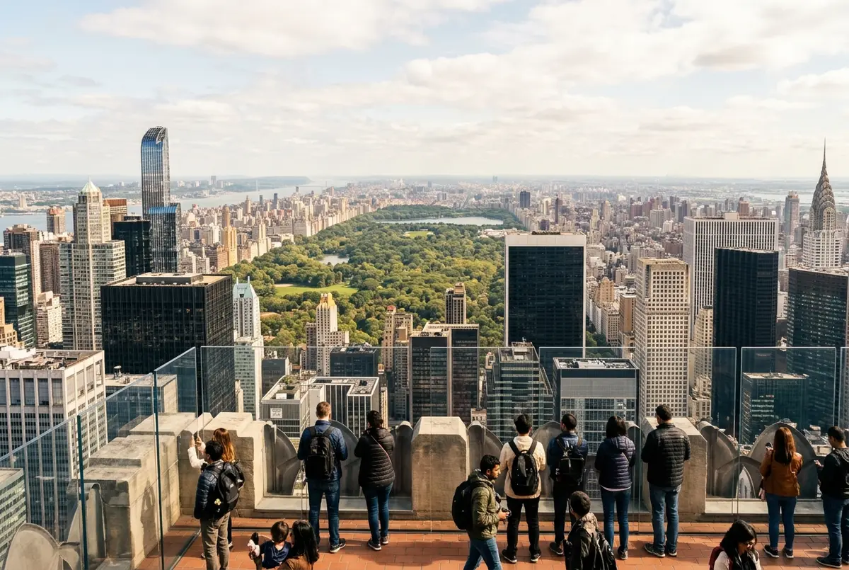 wide shot of visitors at the top of the rock observation deck railing overlooking the manhattan skyline and central park, midday light