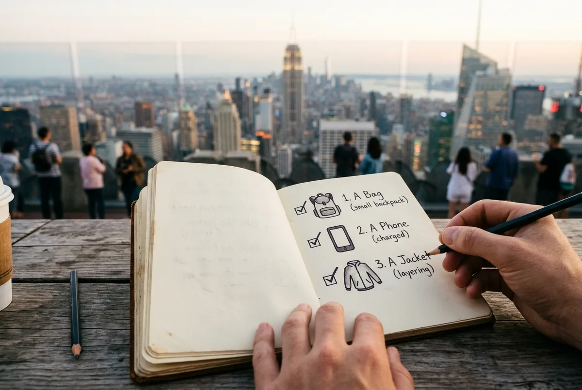Simple checklist style graphic with generic icons for a bag, a phone and a jacket representing what to bring to an observation deck visit, no text statistics