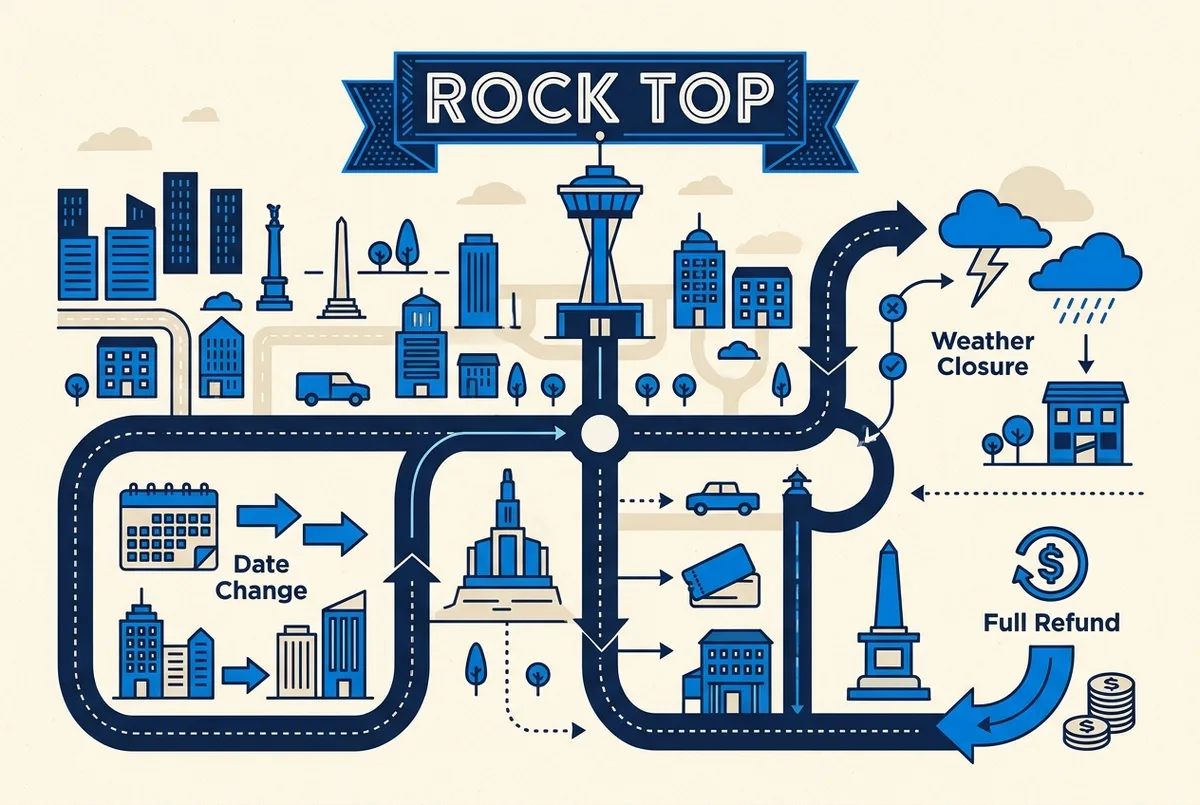 Decision flow infographic labeled Date Change, Weather Closure and Full Refund showing the top of the rock ticket cancellation paths a traveler might follow