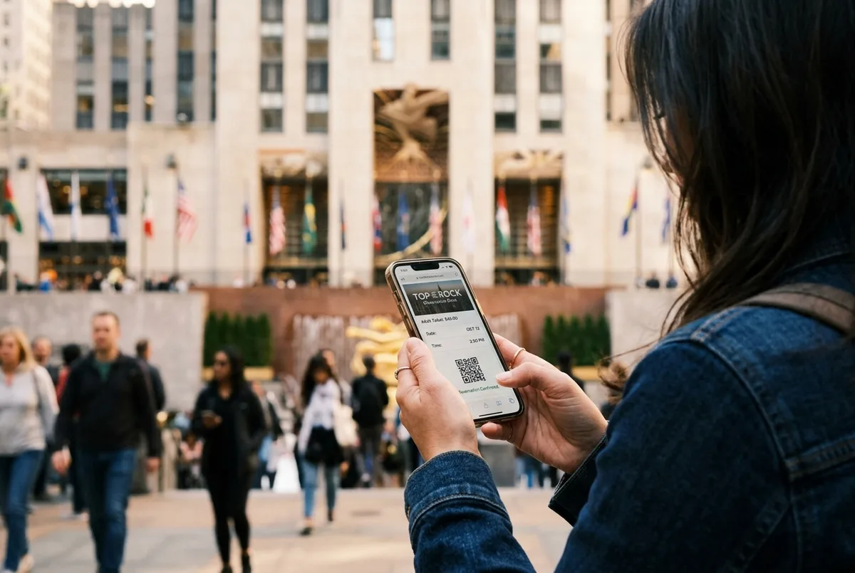 Nahaufnahme einer Reisenden, die den Top of the Rock Preis auf dem Buchungsbildschirm ihres Smartphones prüft, im Hintergrund unscharf der Eingang an der Rockefeller Plaza, Tageslicht