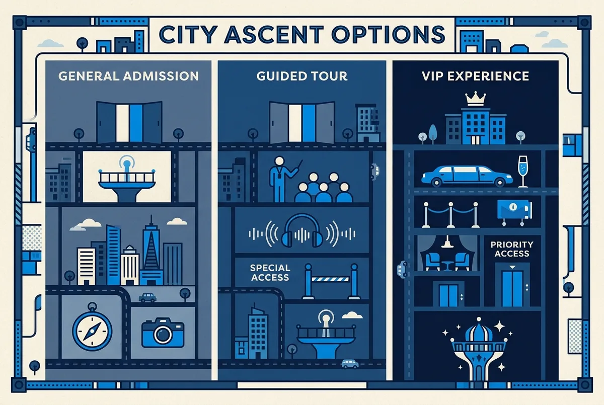 Infografik mit Preisstufen für den Top of the Rock Preis, generische Labels für Standardeintritt, geführte Tour und VIP-Erlebnis