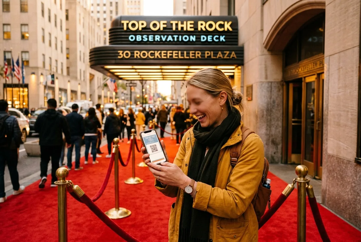 traveler holding a phone ticket at the red carpet entrance of Top of the Rock at 30 Rockefeller Plaza, golden hour light, excited mood