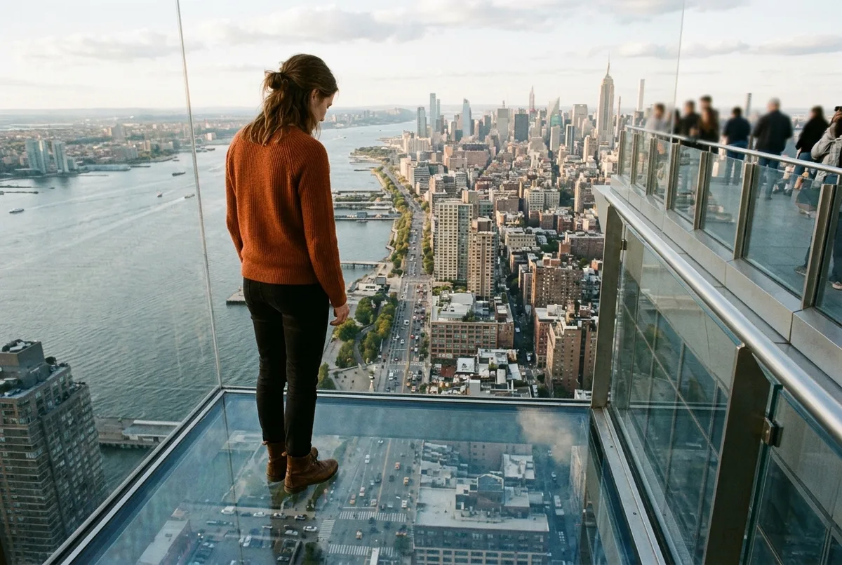 traveler standing on a glass floor observation deck at hudson yards looking down with the hudson river and manhattan skyline in the background