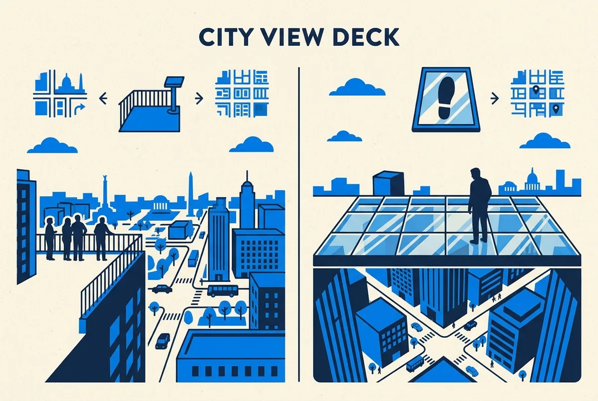 Simple side by side icon graphic comparing an open air midtown terrace against a glass floor deck silhouette, generic labels only, no statistics