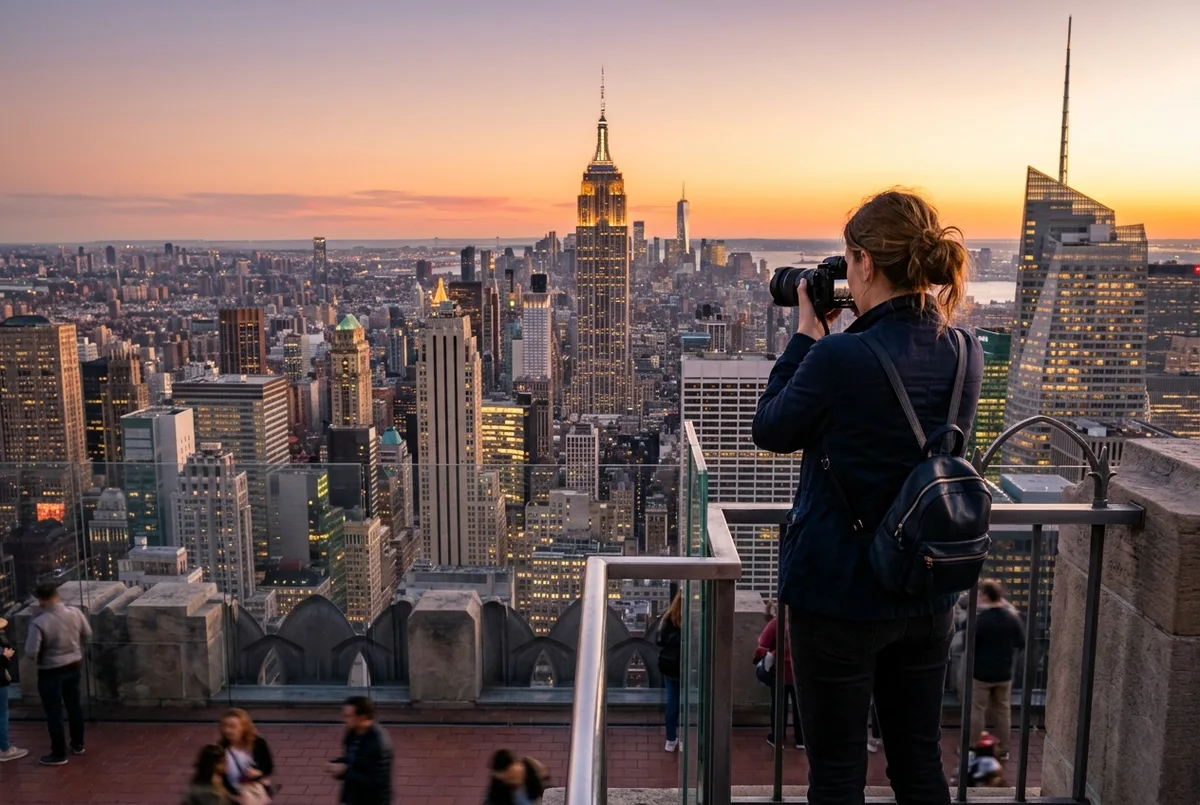 split frame comparing top of the rock vs empire state building: a traveler photographing the manhattan skyline from an open air deck at golden hour with the empire state building glowing in the distance