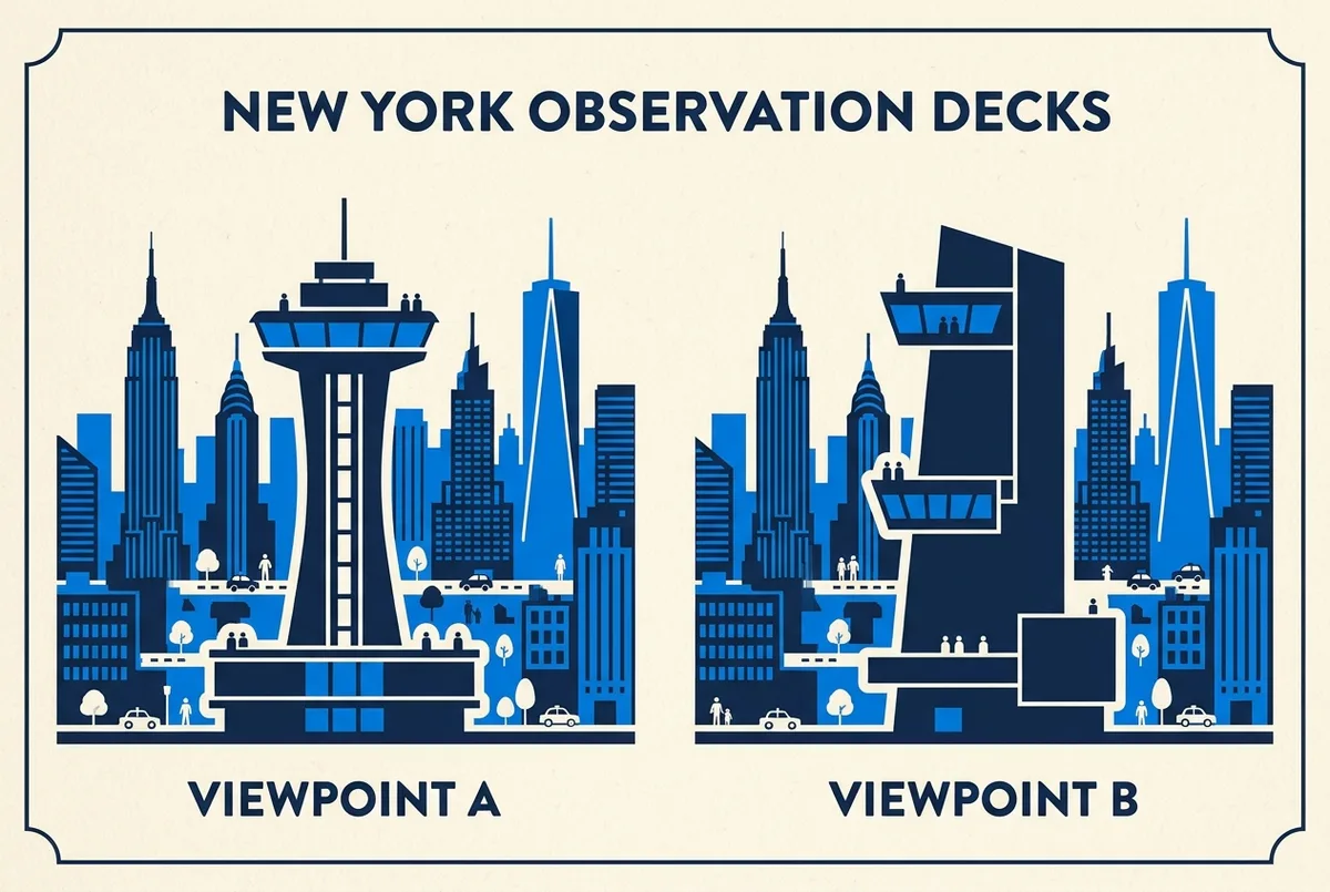 Simple side by side icon graphic comparing two new york observation deck silhouettes against a skyline backdrop, generic labels only