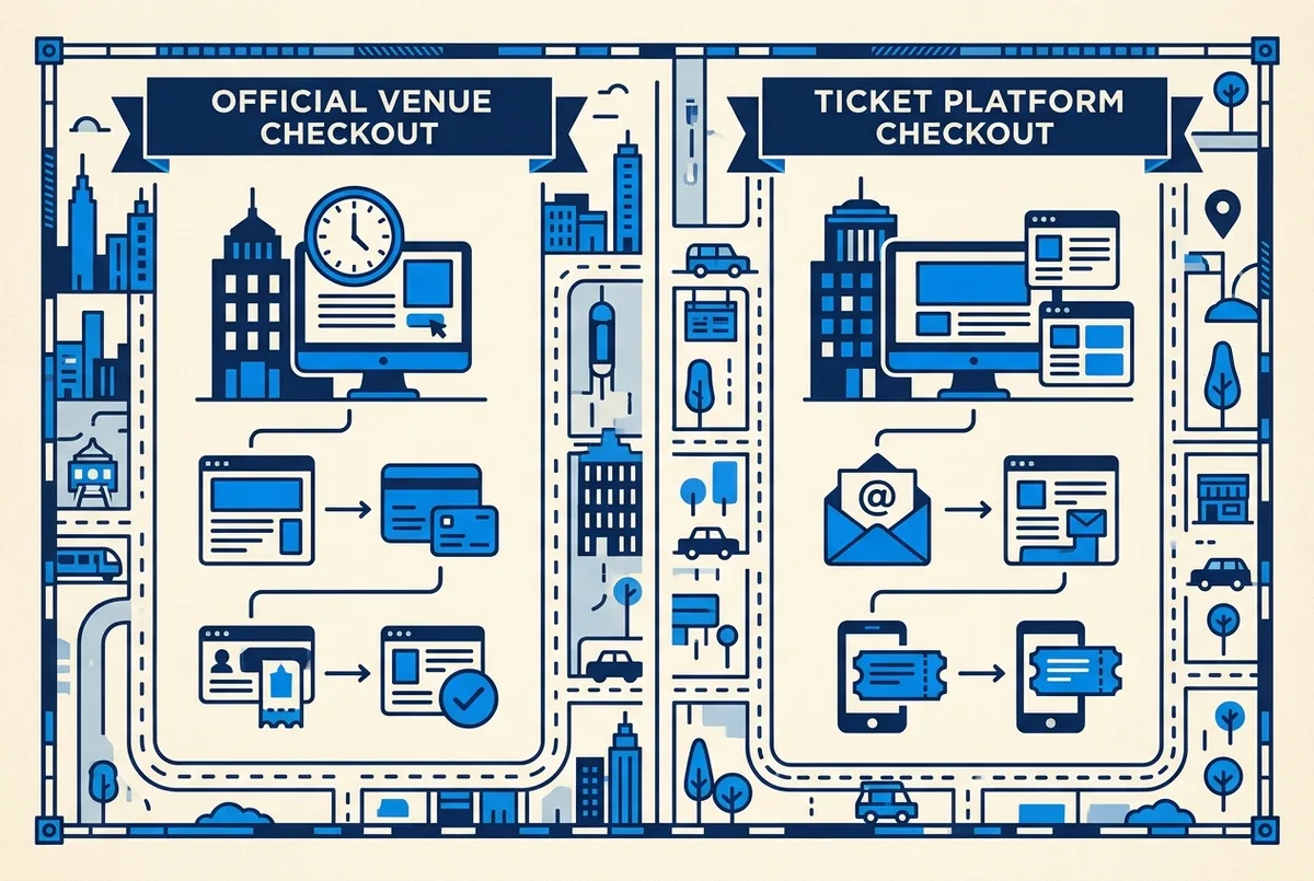 Comparison infographic labeled Official Venue Checkout and Ticket Platform Checkout showing the language, currency and cancellation differences for top of the rock tickets online