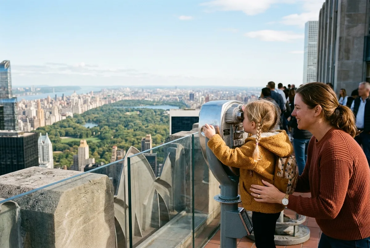 parent et jeune enfant regardant à travers une jumelle style viseur au garde-corps de l'observatoire top of the rock, en journée, vue sur Central Park en arrière-plan, ambiance chaleureuse et spontanée